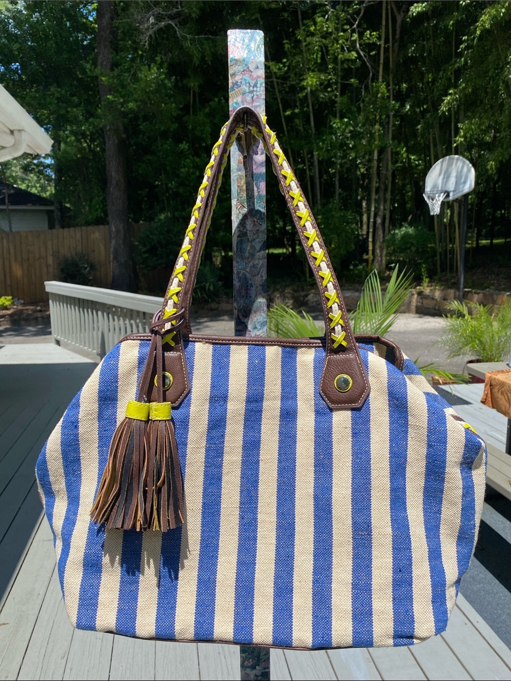Steven By Steve Madden Blue and Cream Striped Tote with Brown Trim